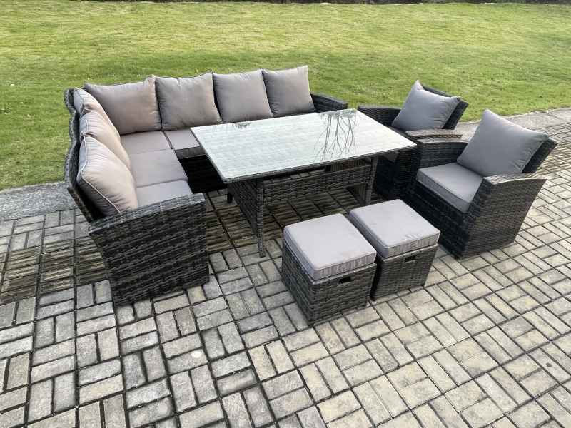 Fimous 10 Seater Garden Rattan Furniture Corner Dining Set with 2 Small Footstools Armchair Indoor Outdoor Lounge Sofa Set Dark Grey Mixed