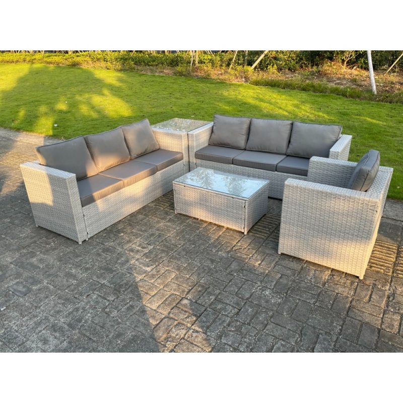 Fimous Light Grey Outdoor Rattan Garden Furniture Set Corner Sofa Set Oblong Square Coffee Table Armchair