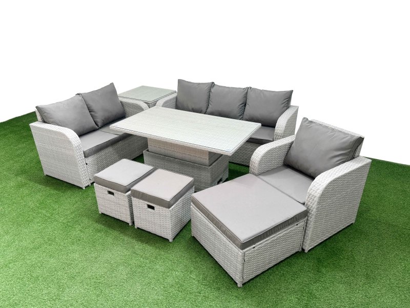Fimous Patio PE Wicker 9 Seater Outdoor Rattan Furniture Sofa Sets with Adjustable Lifting Dining or Coffee Table Reclining Chair Loveseat Sofa 3 Seater Sofa Stool Side Table Light Grey