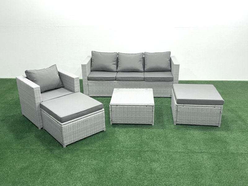 Fimous Garden Outdoor Furniture Set 6 Seater Rattan Sofa Set with 2 Big Footstools Armchair Light Grey Mixed