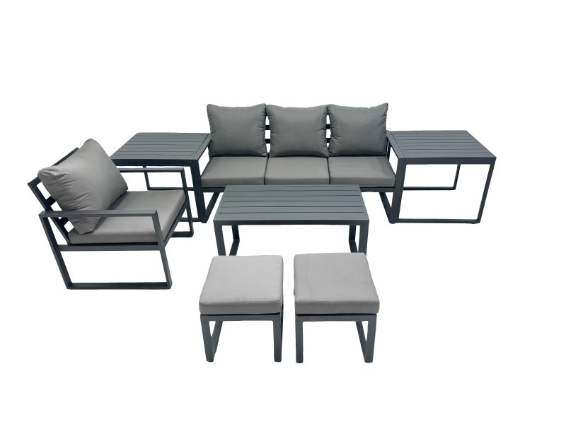 Fimous 6 Seat Outdoor Garden Furniture Set Aluminium Lounge 3 Seat Sofa Oblong Coffee Table Sets with Chair 2 Small Stools 2 Side Tables Dark Grey