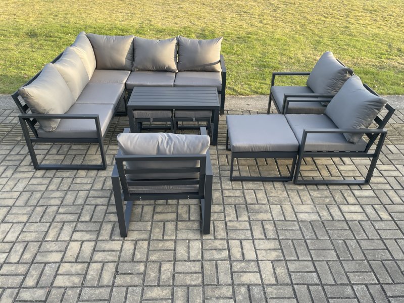 Fimous 11 Seater Aluminium Outdoor Garden Furniture Set Patio Lounge Sofa with Oblong Coffee Table Chair 3 Footstools Dark Grey