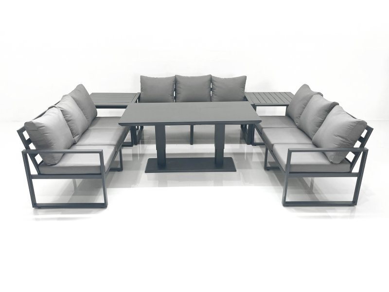 Fimous 9 Seater Garden Sofa Set Aluminium Furniture Rising Dining Tabe Set with 2 Side Tables Dark Grey