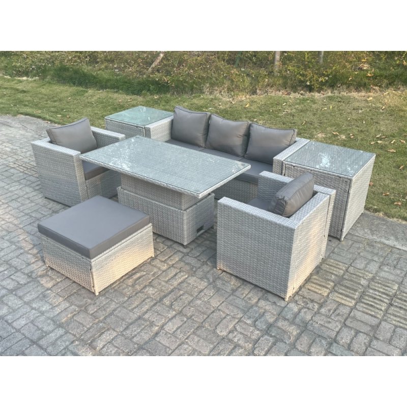 Fimous Rattan Garden Funiture Set Adjustable Rising Lifting Table Sofa Dining Set With 2 Arm Chair 2 Side Table Footstool