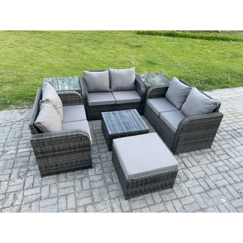 Fimous Outdoor Garden Furniture Sets 7 Seater Wicker Rattan Furniture Sofa Sets with Square Coffee Table Love seat Sofa Big Footstool 2 Side Tables