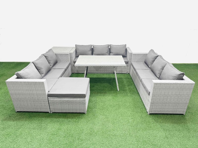 Fimous 10 Seat Outdoor Patio PE Rattan Garden Furniture with Cushions 3 Seater Sofa Side Table Big Stool Light Grey
