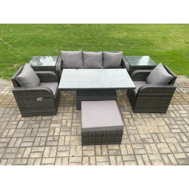 Fimous Wicker PE Rattan Outdoor Garden Furniture Set Height Adjustable Rising lifting Dining Table With Armchair 2 Side Tables Footstool