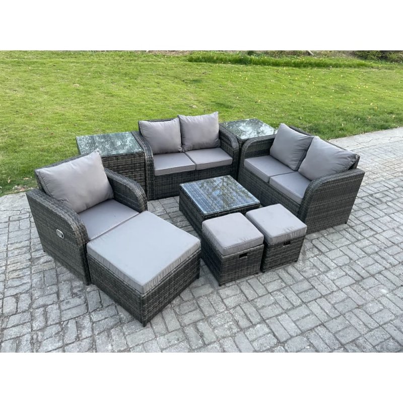 Fimous PE Rattan Garden Furniture Sets Outdoor Love Sofa Chair Set Square Coffee Table 2 Side Tables 3 Footstools