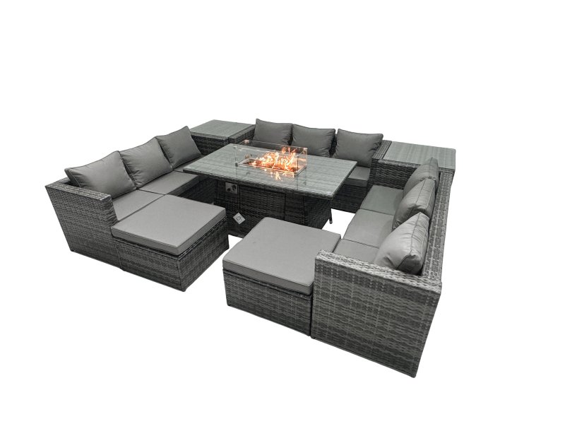 Fimous Rattan Garden Furniture Firepit Dining Set Outdoor 11 Seater Patio with Glass Top Dining Table 2 Side Tables
