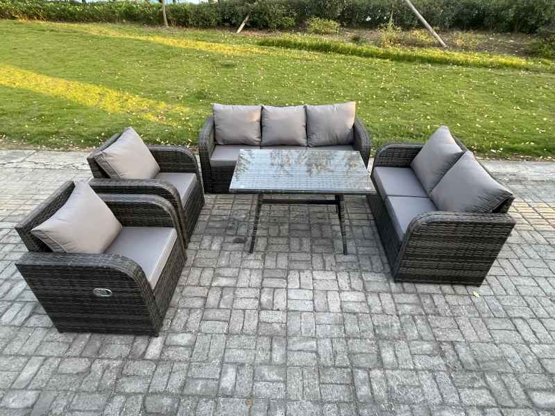 Fimous 7 Seater High Back PE Rattan Sofa Set Outdoor Garden Furniture Dining Table Set With Reclining Chair 3 Seater Sofa Love Sofa