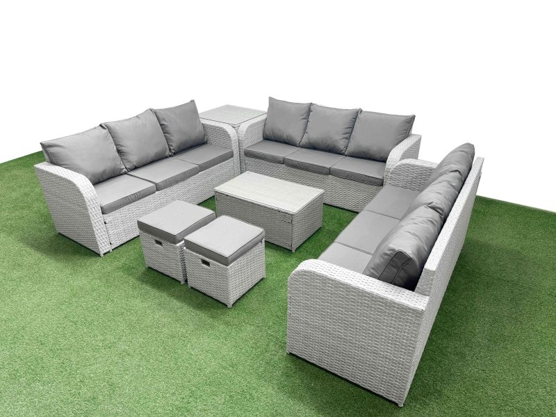 Fimous PE Rattan Lounge Sofa Set 11 Seater Outdoor Garden Furniture Set with Rectangular Coffee Table 3 Seater Sofa 2 Stools Side Table Light Grey