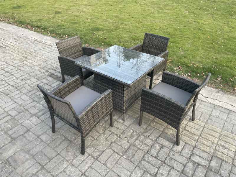 Fimous Wicker PE Outdoor Rattan Garden Furniture Arm Chair And Table Dining Sets 4 Seater Square Dining Table Dark Grey Mixed