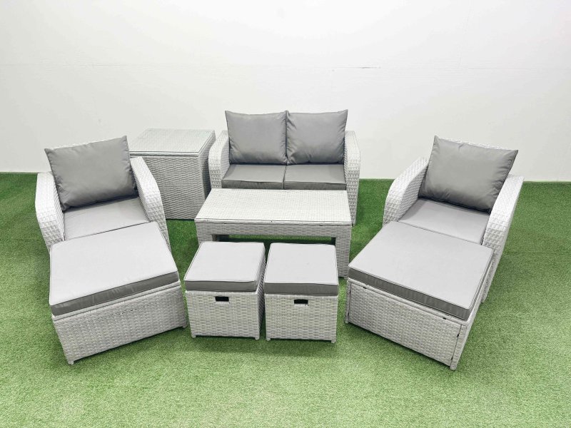 Fimous PE Wicker Rattan Furniture Sofa Sets with Oblong Coffee Table Love Sofa Reclining Chair Side Table 4 Stools Light Grey Mixed