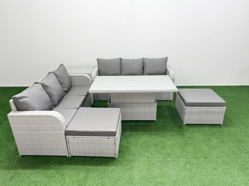 Fimous Outdoor Garden Furniture Sets 8 Seater Wicker Rattan Furniture Sofa Sets with Adjustable Lifting Dining or Coffee Table high Back Lounge Sofa 2 Big Footstool Side Table Light Grey