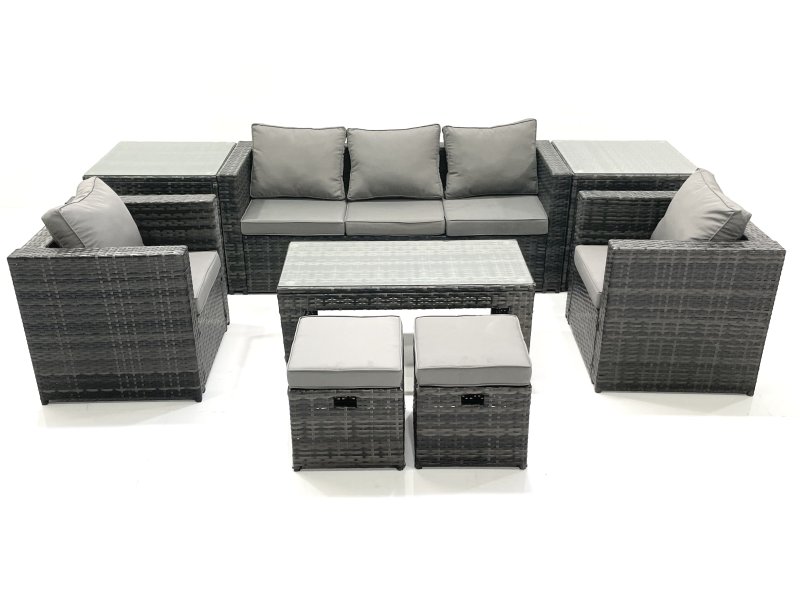 Fimous Rattan Garden Furniture Set Outdoor Lounger Sofa with Coffee Table 2 Armchair 2 Small Footstools 2 Side Tables Dark Grey Mixed