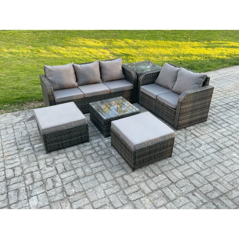 Fimous 7 Seater High Back Rattan Garden Furniture Set with Square Coffee Table 2 Big Footstool Side Table Indoor Outdoor Patio Lounge Sofa Set Dark Grey Mixed