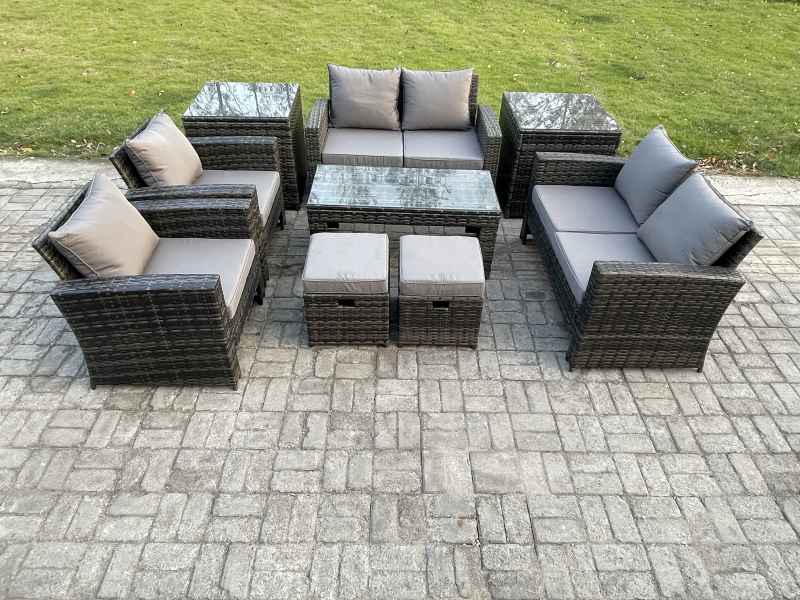 Fimous 8 Seater Dark Grey Mixed High Back Rattan Sofa Set Coffee Table Garden Furniture Outdoor Patio With Love Sofa Arm Chairs 2 Small Footstools 2 Side Tables