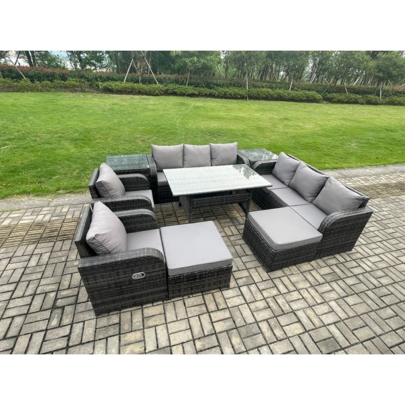 Fimous 10 Seater Rattan Garden Furniture Set Oblong Rectangular Dining Table and Chairs Set with 3 Seater Sofa 2 Big Footstool 2 Side Tables Dark Grey Mixed