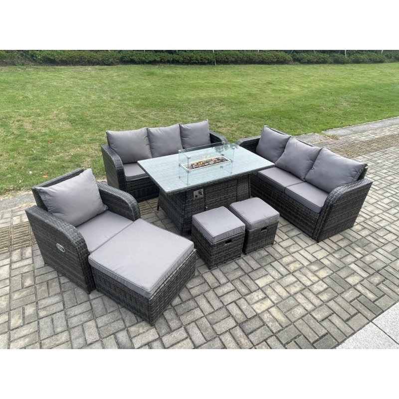 Fimous 10 Seater Wicker Rattan Garden Furniture Set Gas Fire Pit Dining Table Reclining Chair 3 Seater Sofa Set Indoor Outdoor with 3 Footstools