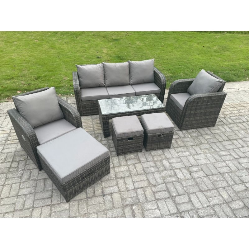 Fimous 8 Seater Rattan Garden Furniture Set with Rectangular Coffee Table 3 Footstools Patio Outdoor Rattan Set