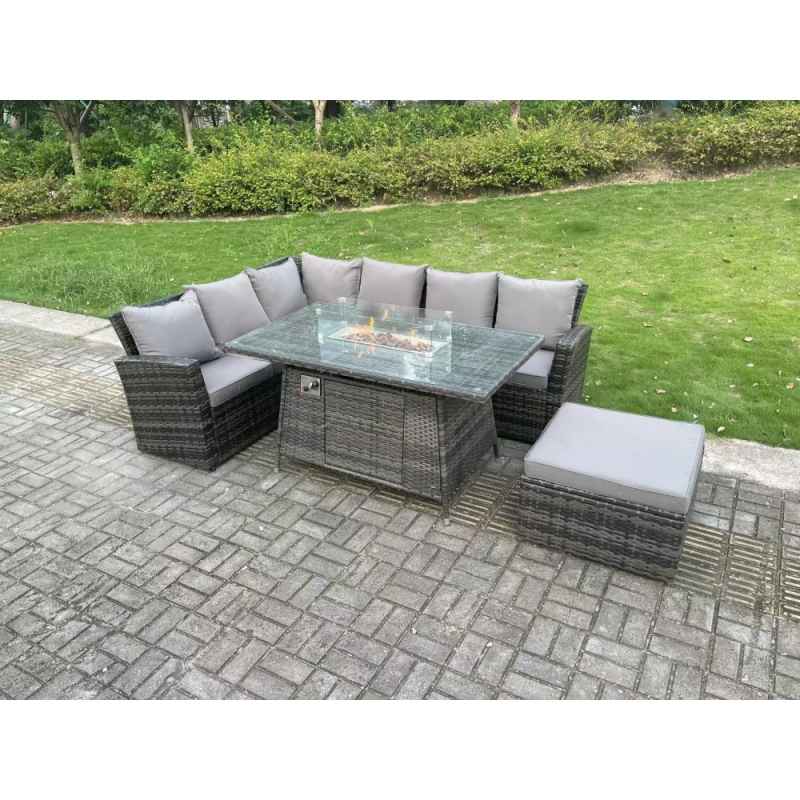 Fimous 7 Seater?Outdoor High Back Rattan Gas Fire Pit Corner Sofa Dining Set Garden Furniture Heater Dining Table Dark Grey Mixed Left Side