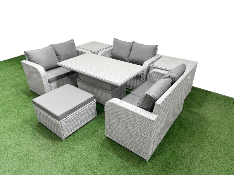 Fimous 7 Seater PE Wicker Rattan Furniture Sofa Sets with Adjustable Lifting Dining or Coffee Table 2 Seater Love Sofa Big Footstool 2 Side Table Light Grey