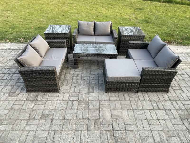 Fimous 7 PCS Outdoor Lounge Sofa Set Wicker PE Rattan Garden Furniture Set with Coffee Table Double Seater Sofa 2 Side Tables Big Footstool Dark Grey Mixed