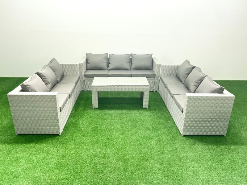 Fimous Rattan Garden Outdoor Furniture Set 9 Seater Garden Sofa Oblong Coffee Table Set Light Grey Mixed