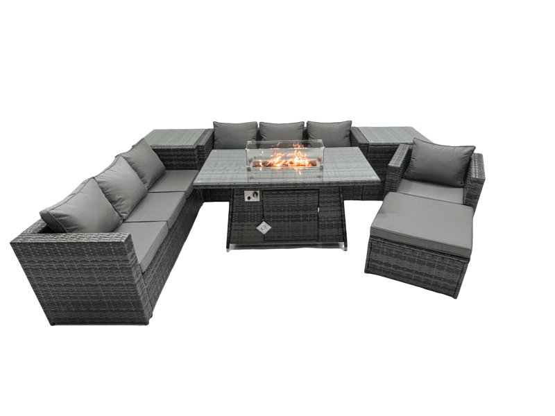Fimous Rattan Garden Furniture Firepit Dining Set 8 Seater Lounge Sofa Table Set with 2 side table big Footstool