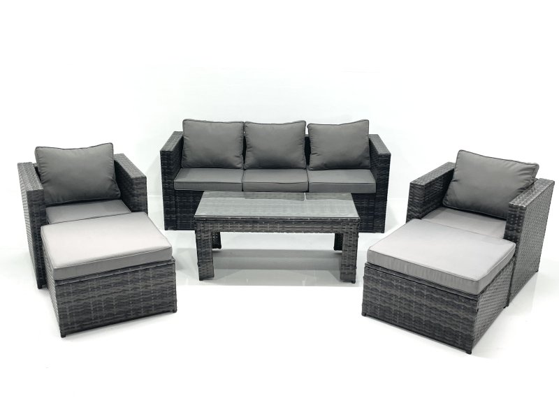 Fimous 7 Seater Rattan Garden Furniture Set Outdoor Lounger Sofa with Coffee Table 2 Armchair 2 Big Footstools Dark Grey Mixed