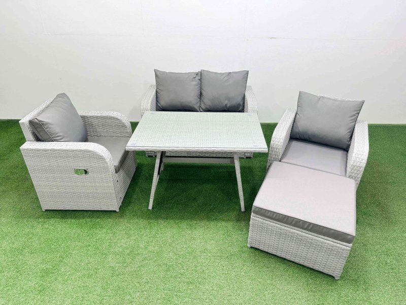 Fimous Light Grey PE Wicker Rattan Garden Furniture Set Sofa Set Reclining Chair Love Sofa Rectangular Dining Table Big Stool