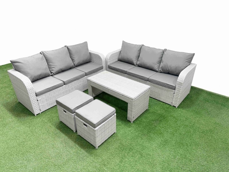 Fimous Outdoor Garden Furniture Sets 8 Seater Wicker Rattan Furniture Sofa Sets with Oblong Coffee Table high Back Lounge Sofa Stools Light Grey
