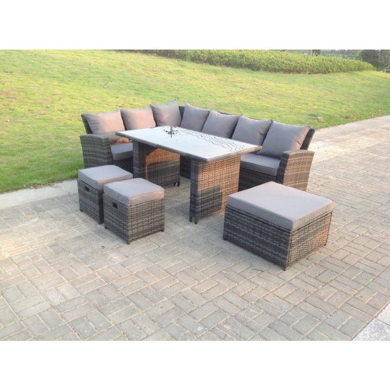 Fimous 9 Seater High Back Rattan Garden Furniture Set Corner Sofa With Black Tempered Dining Table 3 Footstool