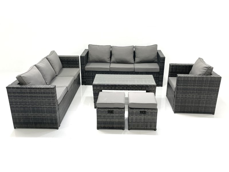 Fimous Rattan Garden Furniture Set Outdoor 9 Seater Patio Conversation Sets with Glass Top Coffee Table Stool