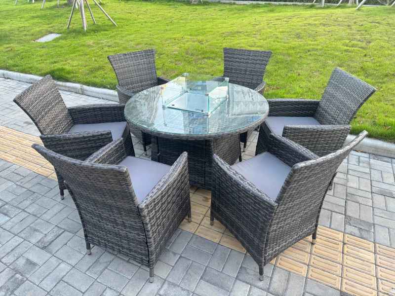 Fimous 7-Piece PE Rattan Garden Furniture with Big Round Gas Firepit Table and 6 Chairs for Patio Dark Grey Mixed