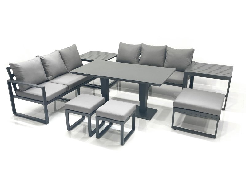 Fimous 9 Seater Aluminium Outdoor Garden Furniture Set with Adjustable Rising Lifting Dining Table 3 Seater Sofa 3 Footstools 2 Side Tables Dark Grey