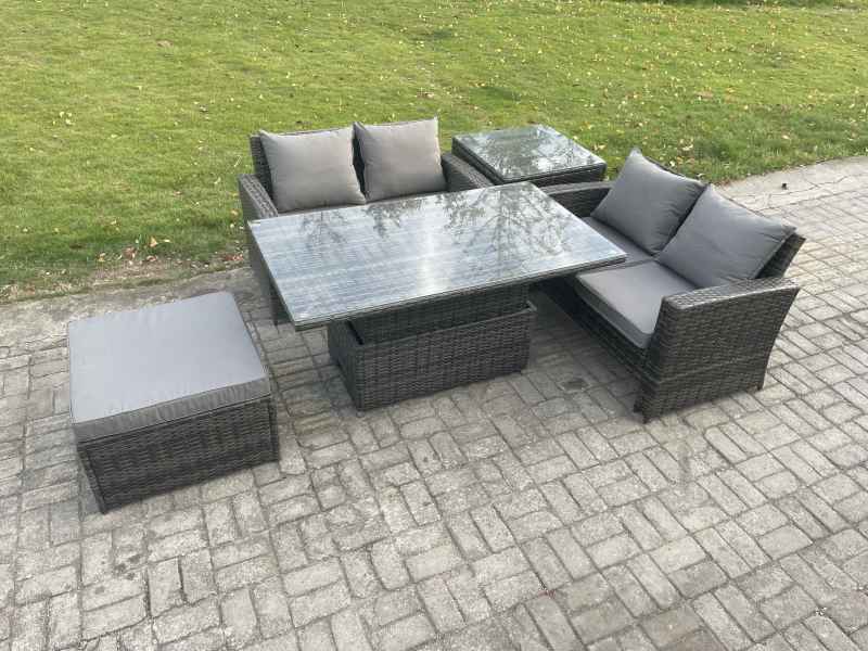 Fimous 5 Pieces Garden Furniture Sets Poly Rattan Outdoor Patio Height Adjustable Rising Lifting Table Sofa Dining Set with Side Table Big Footstool