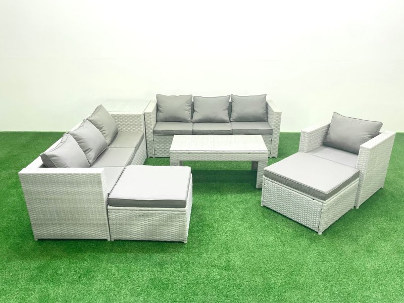 Fimous Wicker PE Rattan Sofa Garden Furniture Set with Oblong Coffee Table Armchair 2 Big Footstools Side Table Light Grey Mixed