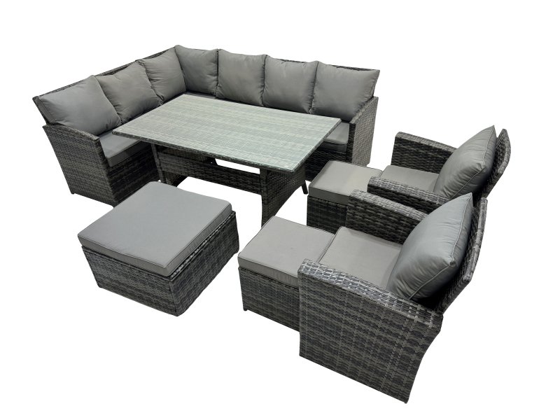 Fimous 11 Seat Poly Rattan Outdoor Patio Dining Table Corner Sofa Set with 3 Stool 2 Chairs for Garden Backyard Dark Grey Mixed