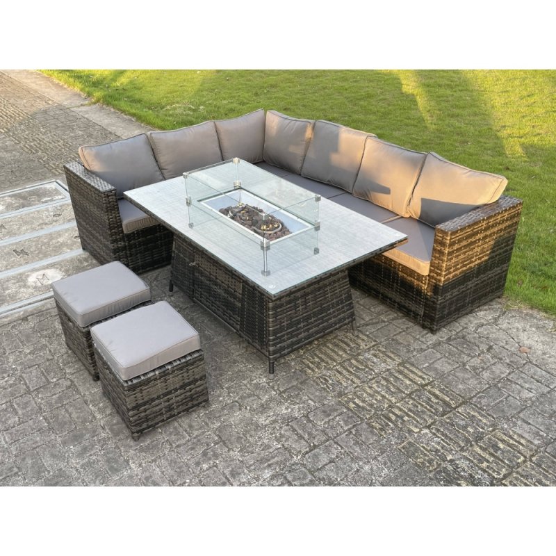 Fimous 8 Seater PE Rattan Corner Sofa Set Gas Fire Pit Dining Table Set Heater With 2 Small Stools