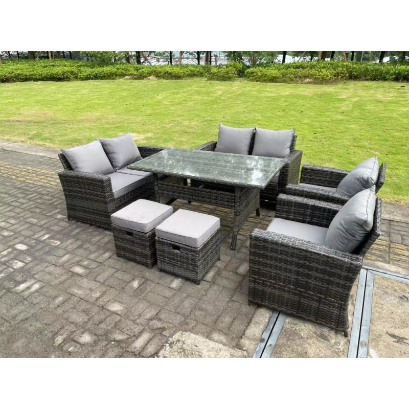 Fimous 8 Seater High Back Dark Grey Mixed Rattan Sofa Dining Table Set Garden Furniture Love Sofa Arm Chair Stools
