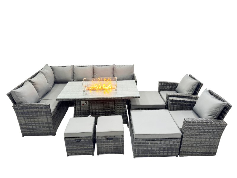 Fimous 12 Seat Poly Rattan Outdoor Patio Gas Firpit Dining Table Corner Sofa Set with 4 Stool 2 Chairs for Garden Backyard Dark Grey Mixed