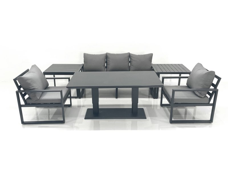Fimous Outdoor Aluminium Garden Furniture Set with Adjustable Rising Lifting Dining Table 3 Seater Sofa 2 Chair 2 Side Tables Dark Grey