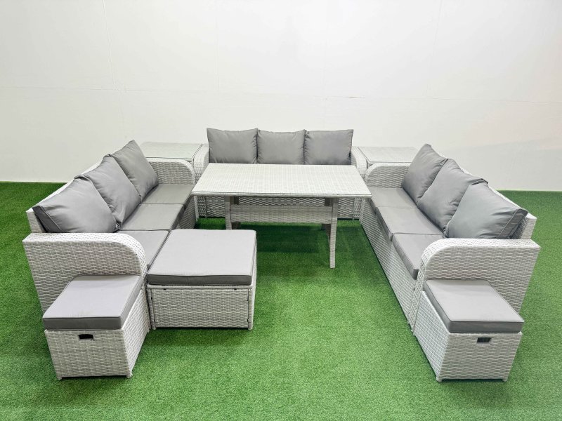 Fimous PE Rattan Lounge Sofa Set 12 Seater Outdoor Garden Furniture Set with Rectangular Dining Table 3 Seater Sofa 3 Stools 2 Side Table Light Grey