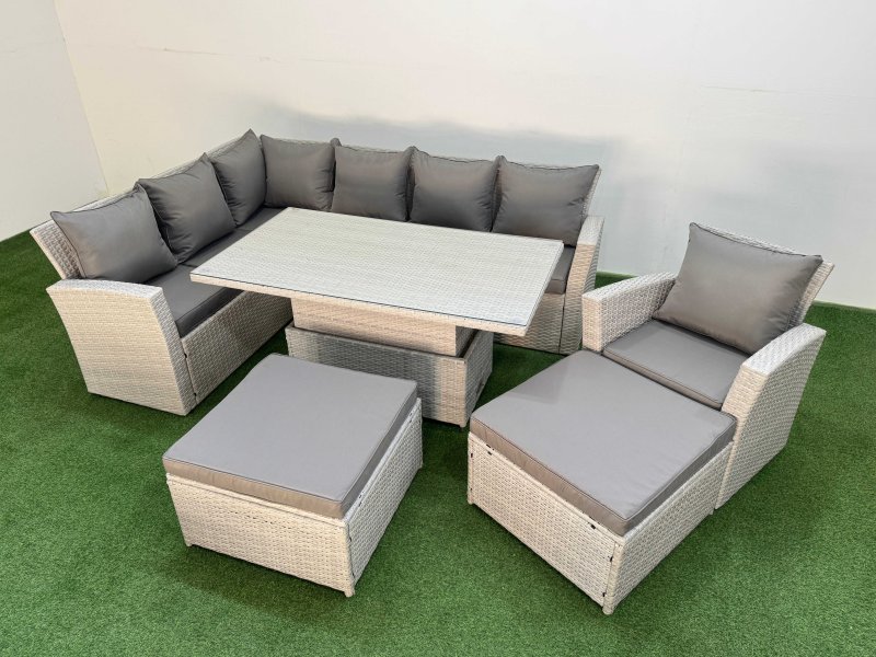 Fimous 9 Seat Rattan Outdoor Garden Furniture Corner Sofa Set Adjustable Lifting Dining or Coffee Table Set with 2 Big Footstools Light Grey