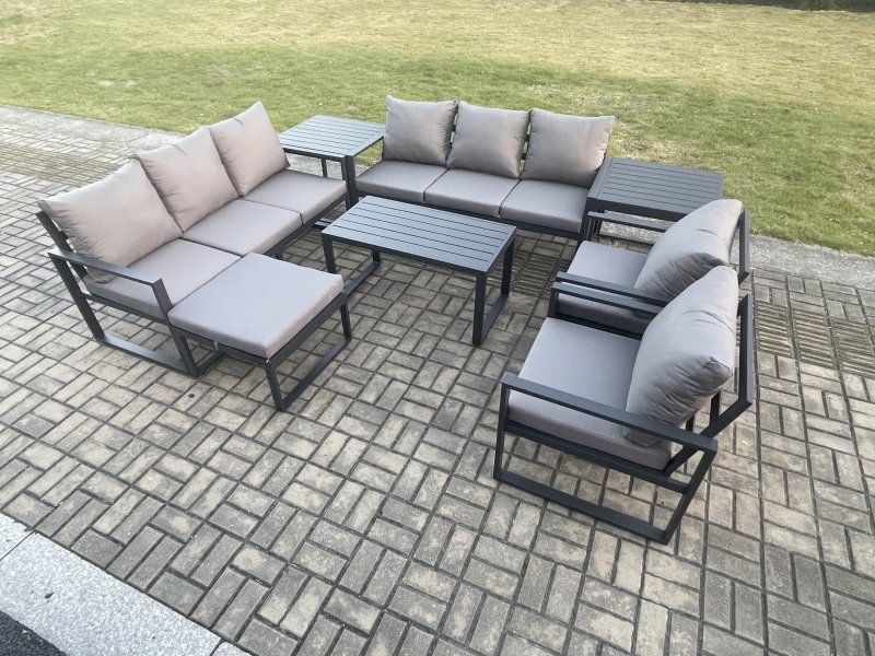 Fimous Aluminium Outdoor Garden Furniture Set 9 Seater Garden Sofa with Oblong Coffee Table Big Footstool 2 Side Tables Dark Grey