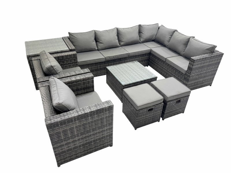 Fimous Outdoor PE Rattan Garden Furniture Sofa Set with Square Coffee Table 2 Small Stools 2 Chair Side Table Dark Grey