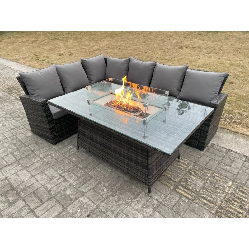 Fimous Outdoor Rattan Corner Sofa Garden Furniture High Back Sofa Set Gas Fire Pit Dining Table Gas Heater Burner 6 Seater