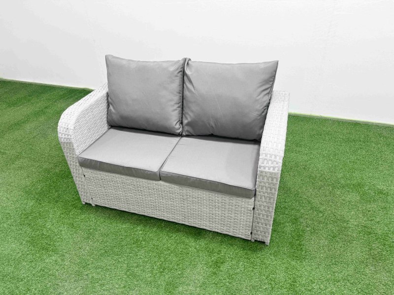 Fimous High Back Poly Rattan Garden Furniture Set with Reclining Chair Loveseat Sofa Oblong Coffee Table Indoor Outdoor Patio Set Big Stool 2 Side Table Light Grey