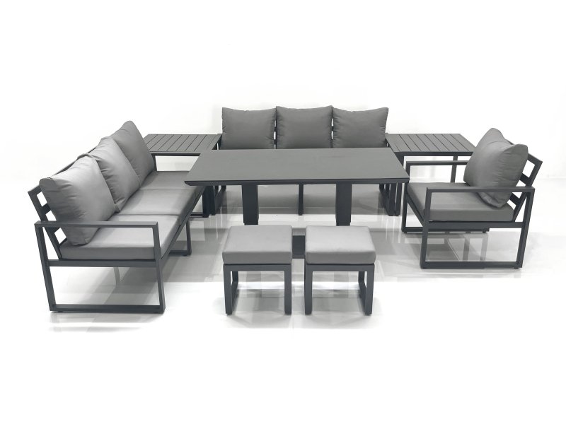 Fimous Outdoor Garden Furniture Set Aluminium Lounge Sofa Adjustable Rising Lifting Dining Table Sets with 2 Small Footstools 2 Side Tables Dark Grey